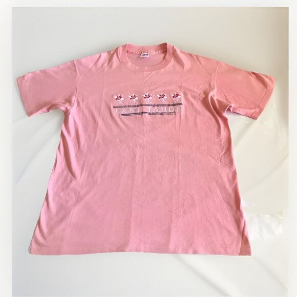 Vintage Lake Tahoe Pink Floral Embroidered T-Shirt Size XL‎ Single Stitch USA - Picture 1 of 7